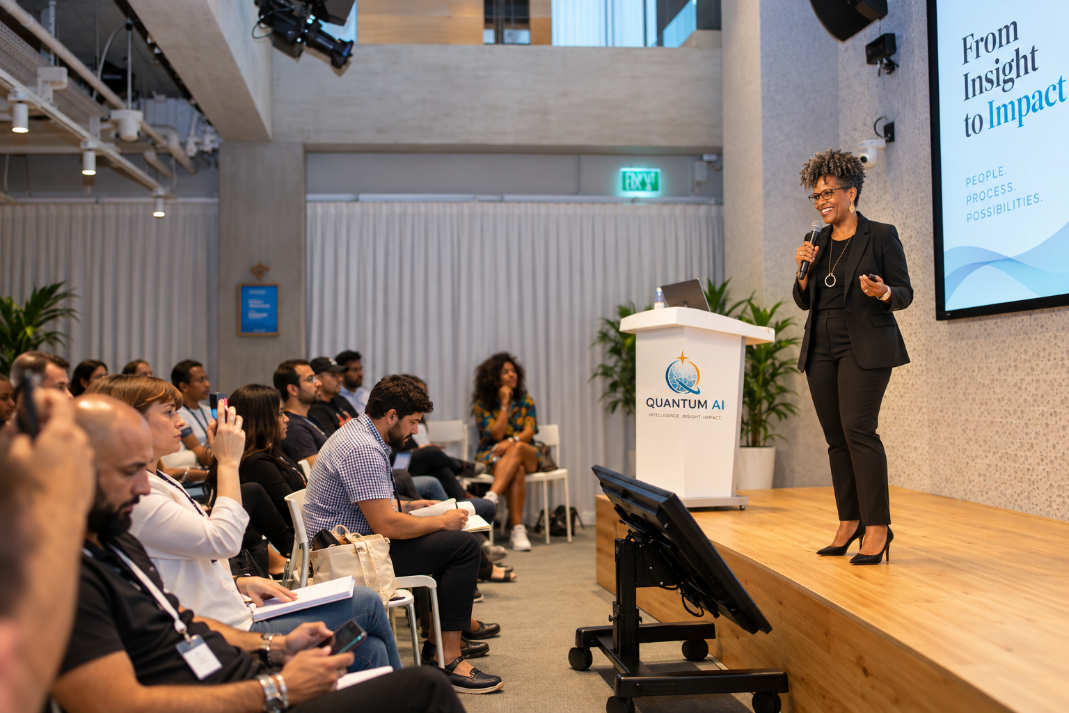 Founders and professionals at an AI Entrepreneurs Lab session, with a speaker presenting From Insight to Impact