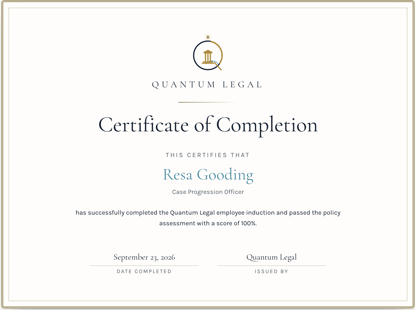 A Quantum Onboard certificate of completion awarded after finishing the induction and passing the policy assessment