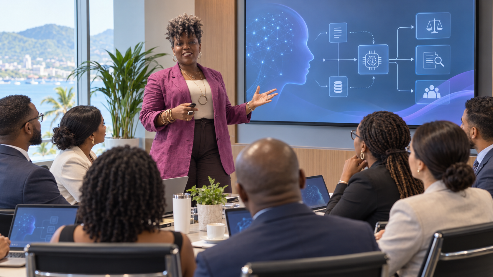 A CariLex facilitator leading a live AI session for Caribbean attorneys in a boardroom