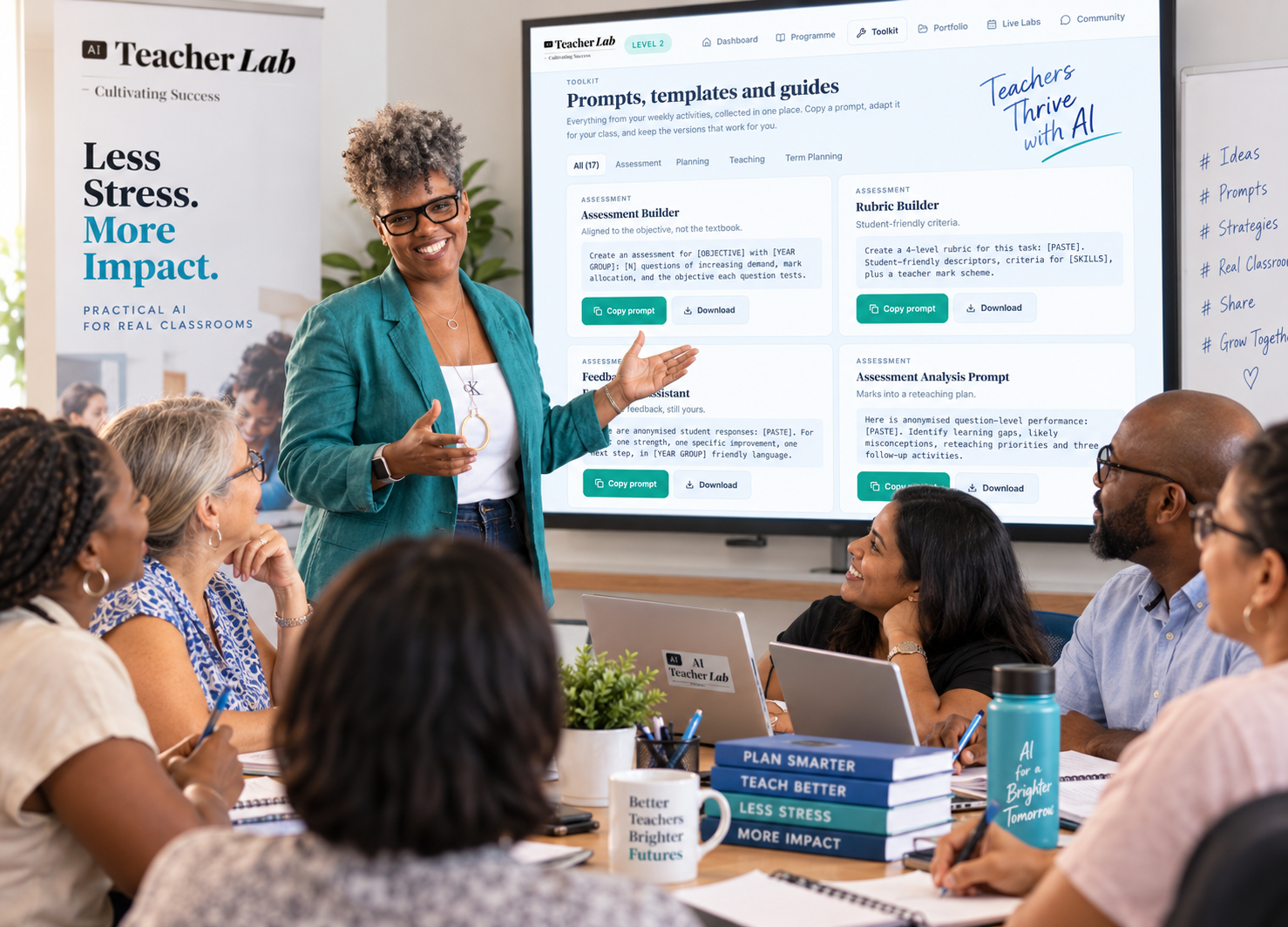 Teachers in an AI Teachers Lab workshop reviewing classroom prompts, templates and guides