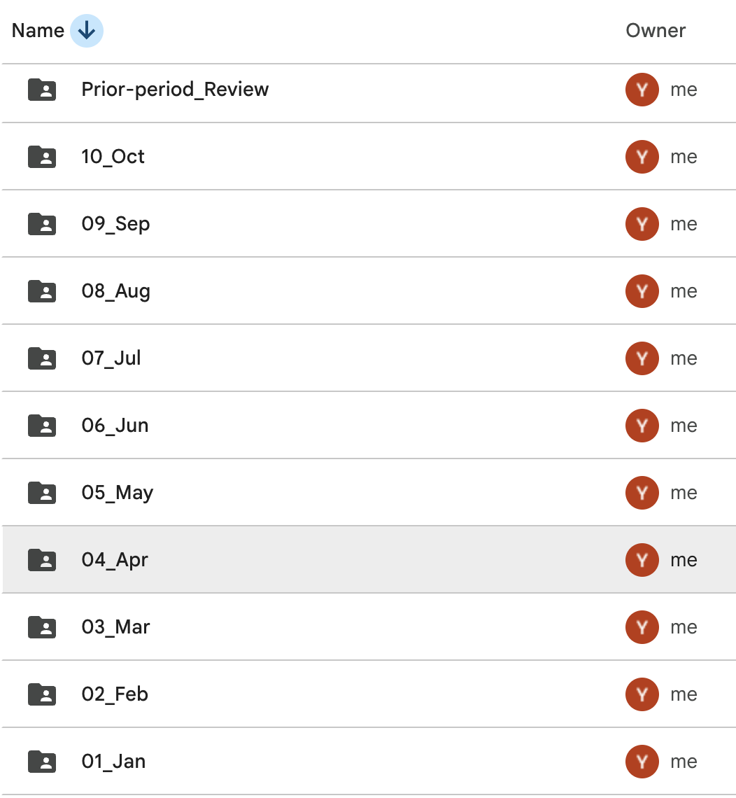 Month-by-month folders, with a separate prior-period review folder for records that need an accountant's attention.