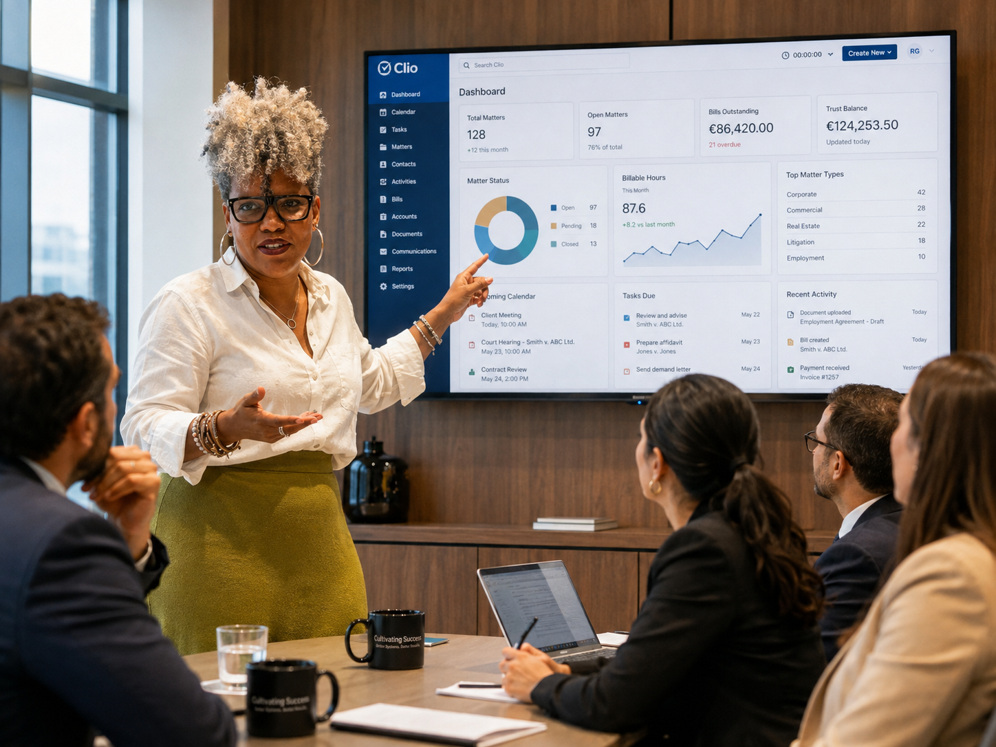 CariLex consultant presenting a Clio practice dashboard to a law firm's partners